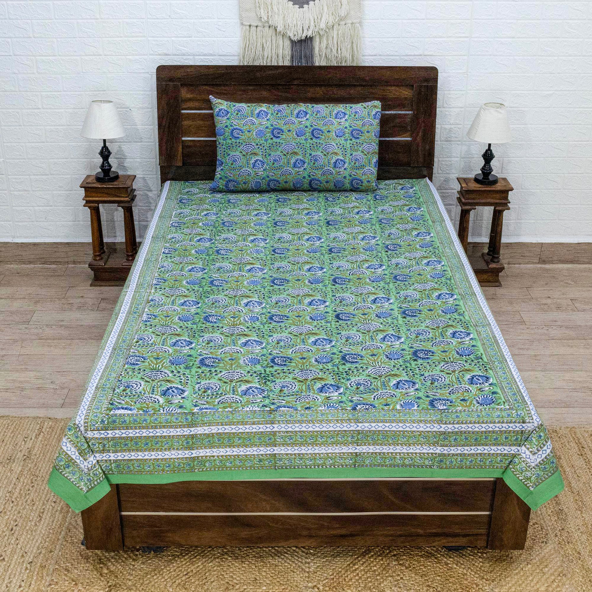 Cotton Bedsheet – Hand Block Floral Print – Green and Blue – King, Queen, Twin Sizes - My Store