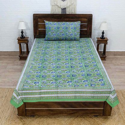 Cotton Bedsheet – Hand Block Floral Print – Green and Blue – King, Queen, Twin Sizes - My Store