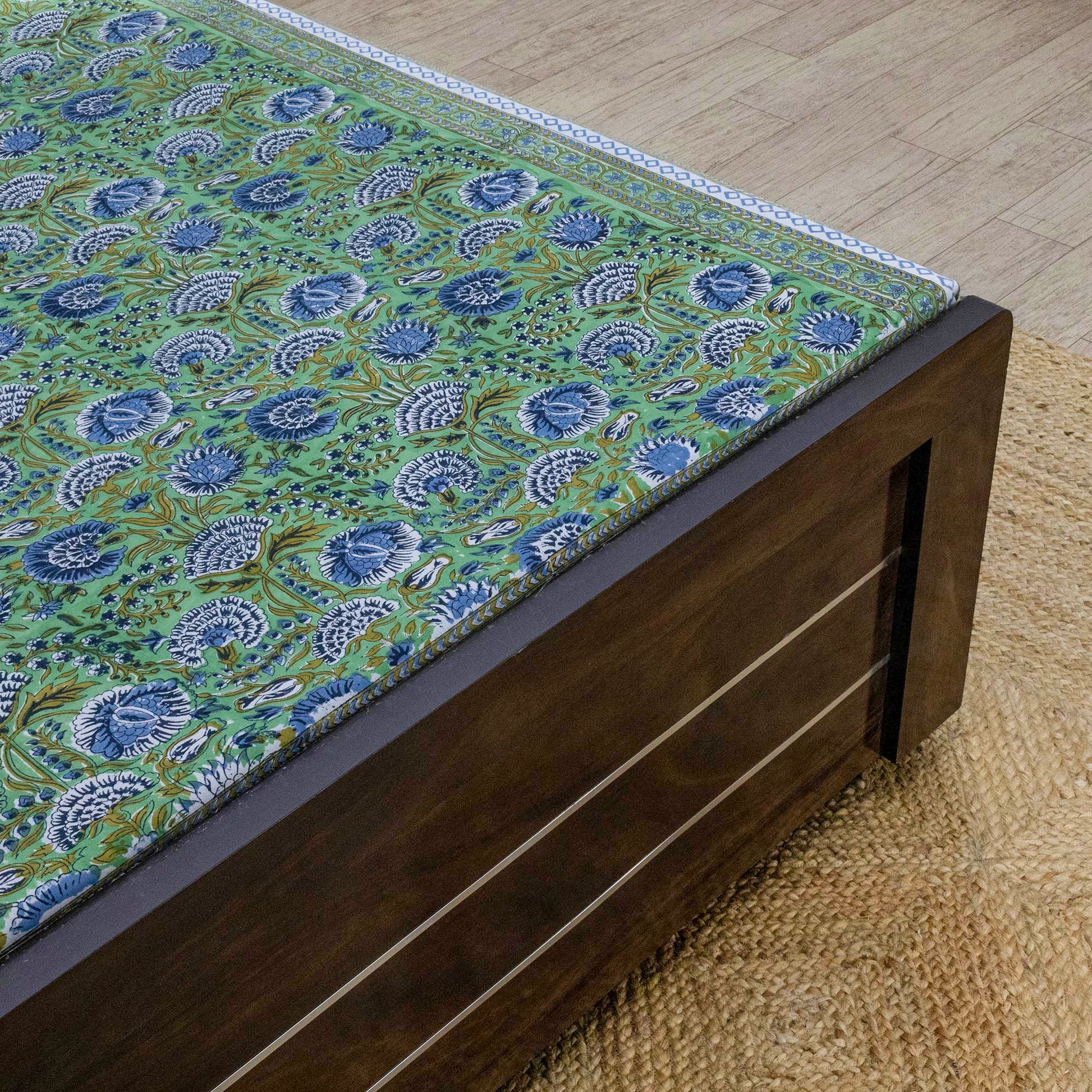 Cotton Bedsheet – Hand Block Floral Print – Green and Blue – King, Queen, Twin Sizes - My Store