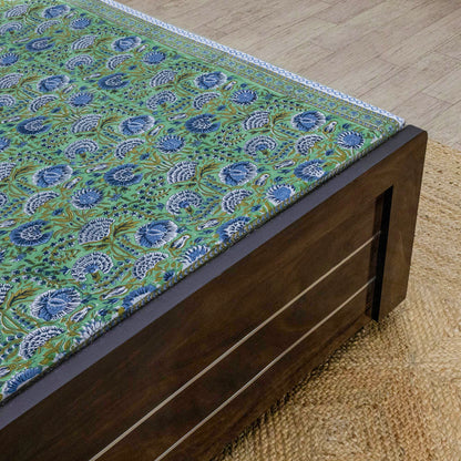 Cotton Bedsheet – Hand Block Floral Print – Green and Blue – King, Queen, Twin Sizes - My Store