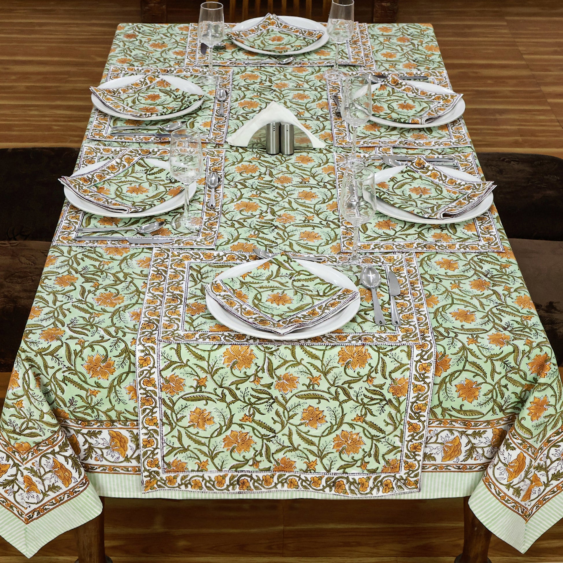 Floral Green Yellow Hand Block Printed Cotton Rectangle Tablecloth - My Store