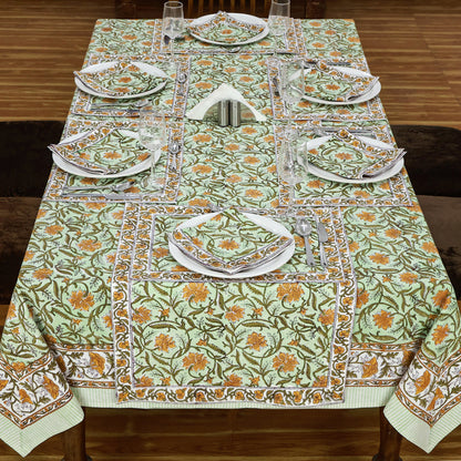 Floral Green Yellow Hand Block Printed Cotton Rectangle Tablecloth - My Store