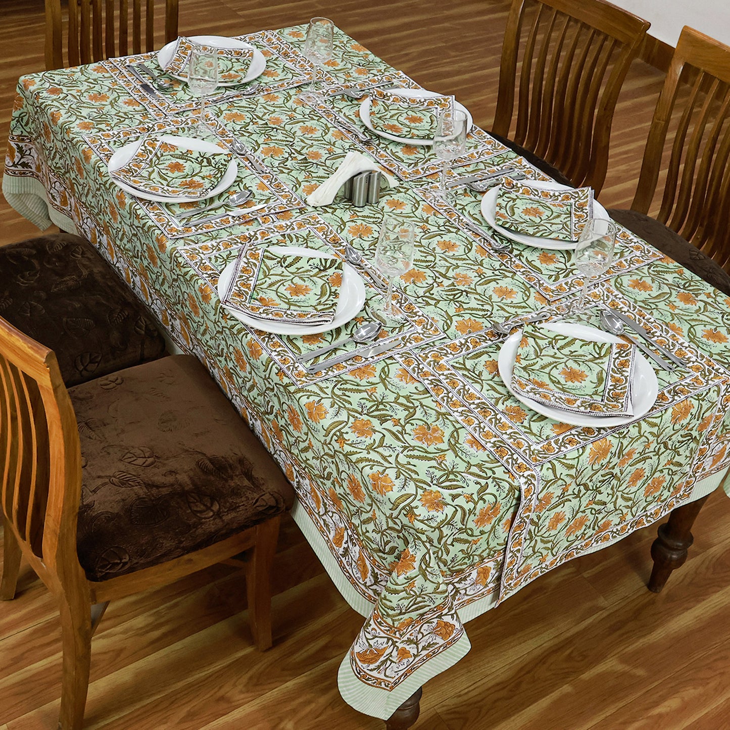 Floral Green Yellow Hand Block Printed Cotton Rectangle Tablecloth - My Store