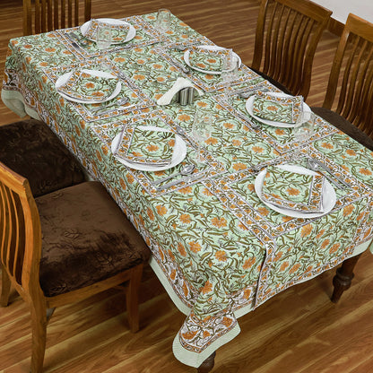 Floral Green Yellow Hand Block Printed Cotton Rectangle Tablecloth - My Store