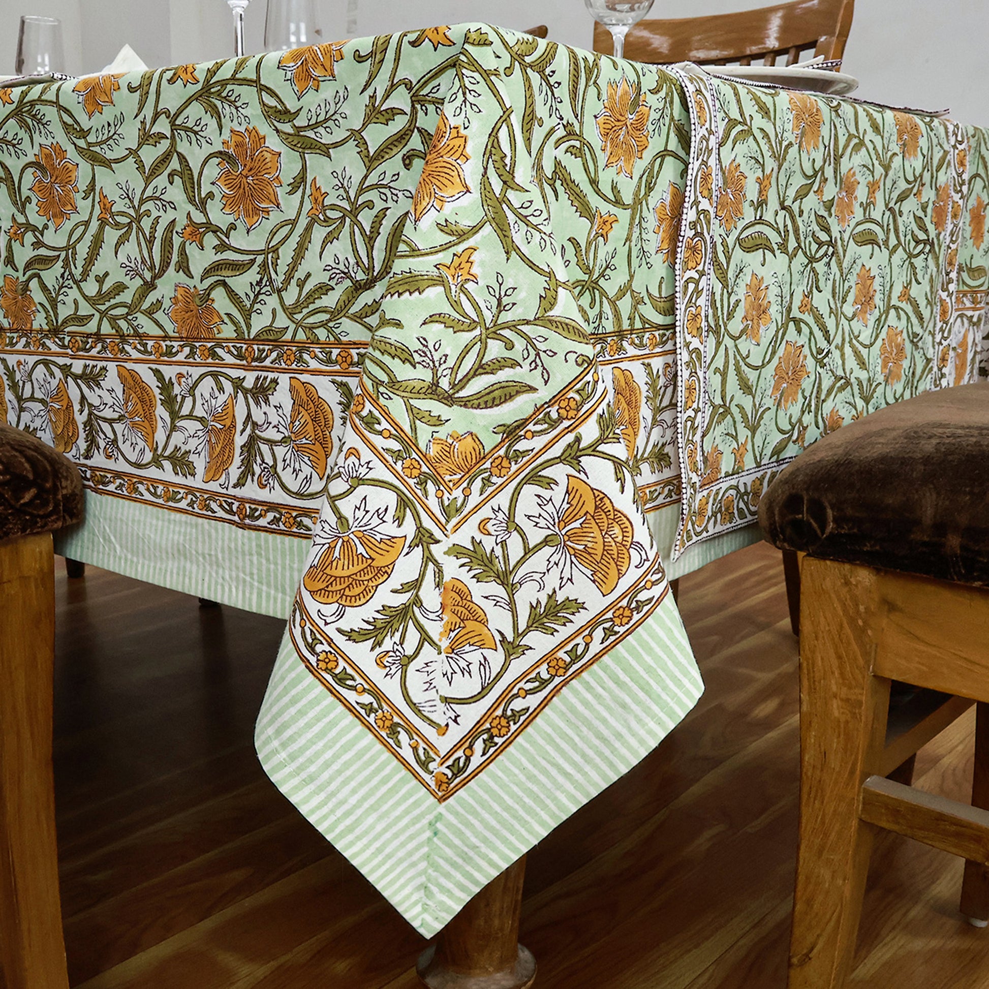 Floral Green Yellow Hand Block Printed Cotton Rectangle Tablecloth - My Store