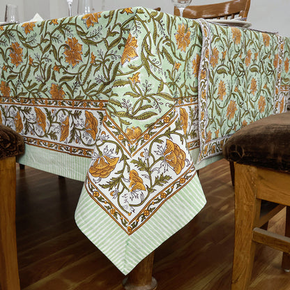 Floral Green Yellow Hand Block Printed Cotton Rectangle Tablecloth - My Store