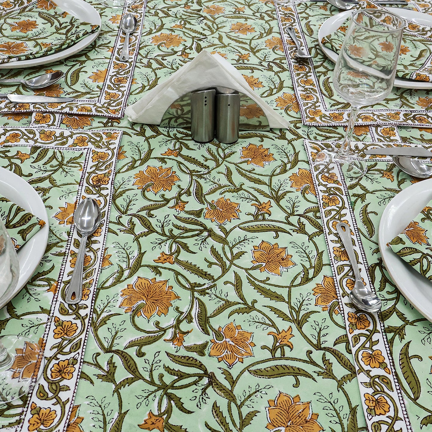 Floral Green Yellow Hand Block Printed Cotton Rectangle Tablecloth - My Store
