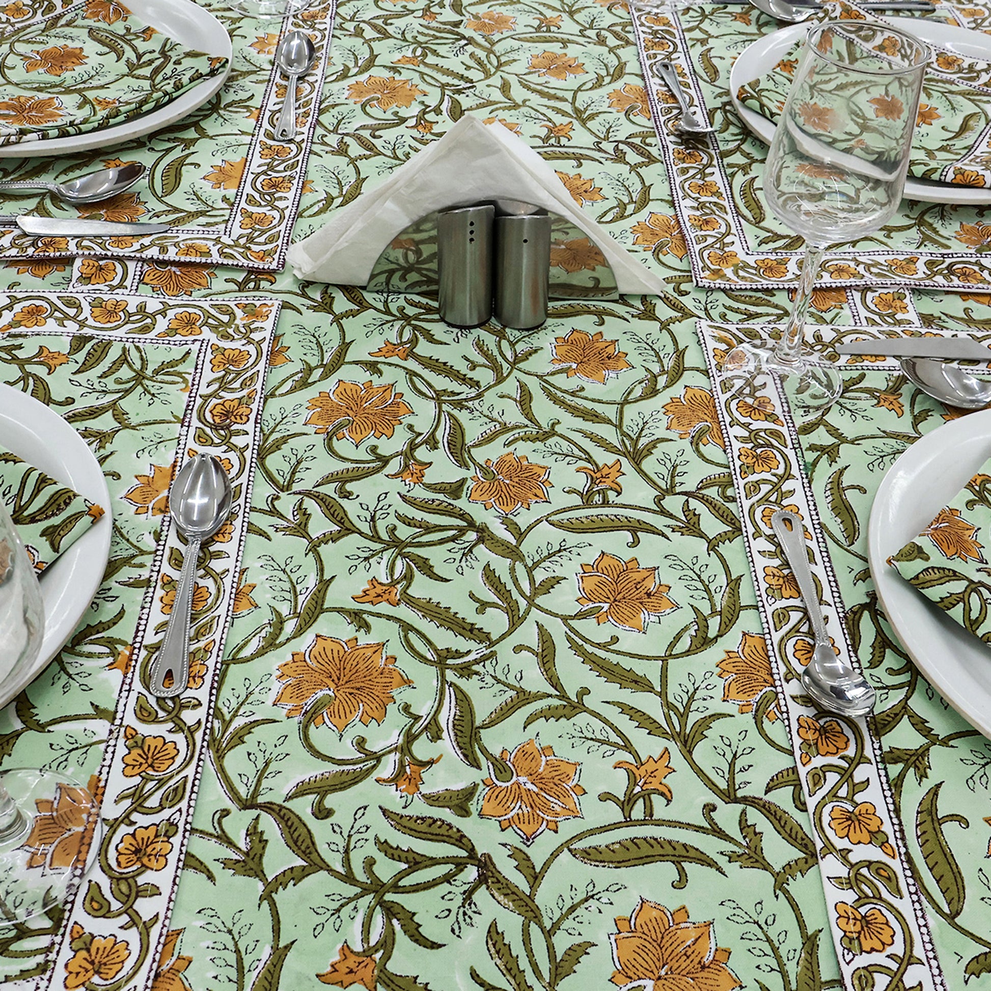 Floral Green Yellow Hand Block Printed Cotton Rectangle Tablecloth - My Store