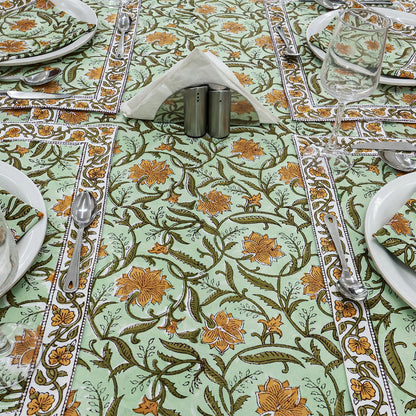 Floral Green Yellow Hand Block Printed Cotton Rectangle Tablecloth - My Store
