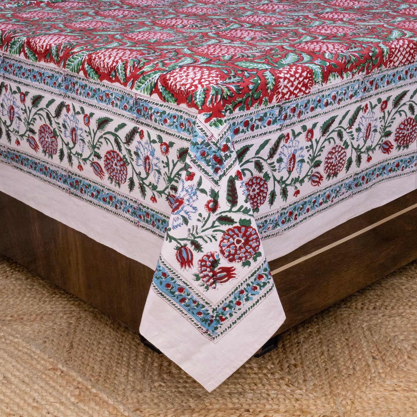 Indian Handmade Block Printed Red and Green Floral Pattern Cotton Bed sheet For living Room, Kids Room - My Store