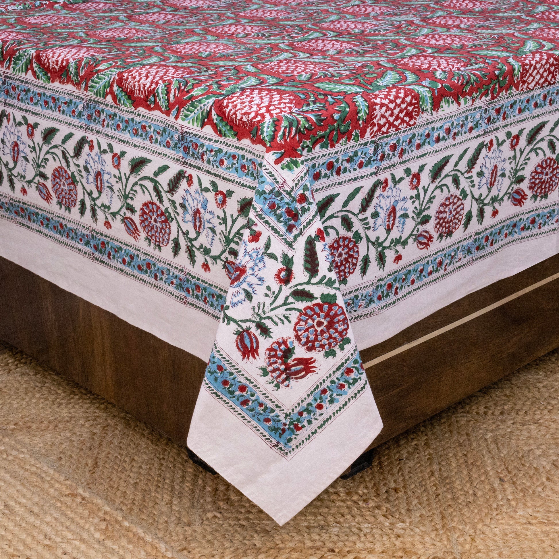 Indian Handmade Block Printed Red and Green Floral Pattern Cotton Bed sheet For living Room, Kids Room - My Store