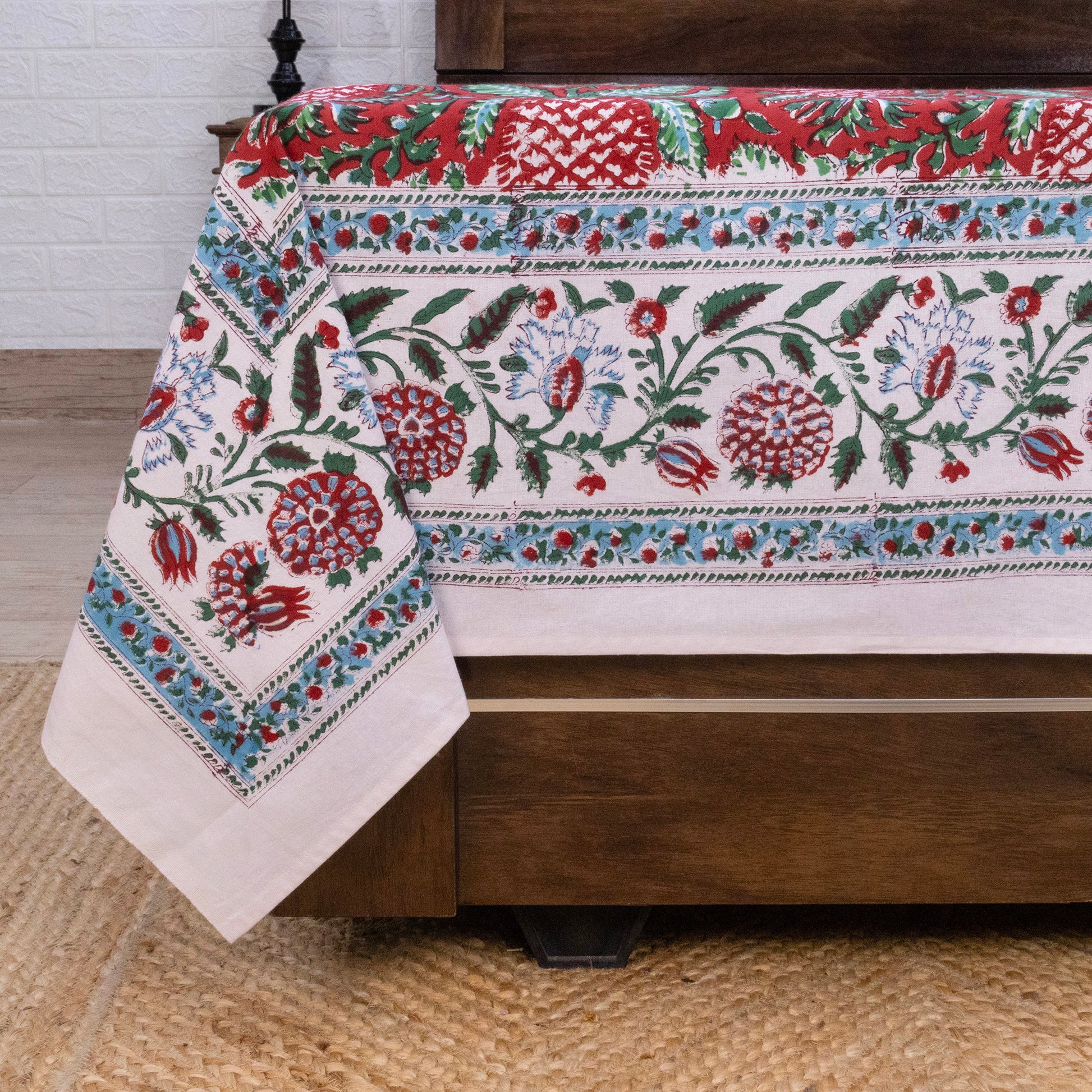 Indian Handmade Block Printed Red and Green Floral Pattern Cotton Bed sheet For living Room, Kids Room - My Store