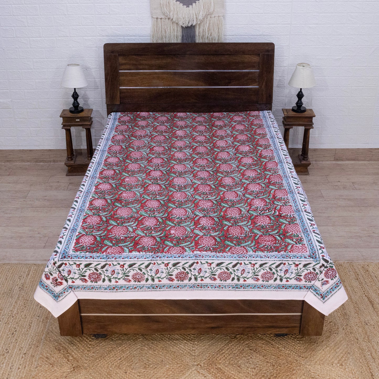 Indian Handmade Block Printed Red and Green Floral Pattern Cotton Bed sheet For living Room, Kids Room - My Store