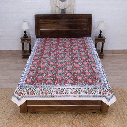 Indian Handmade Block Printed Red and Green Floral Pattern Cotton Bed sheet For living Room, Kids Room - My Store
