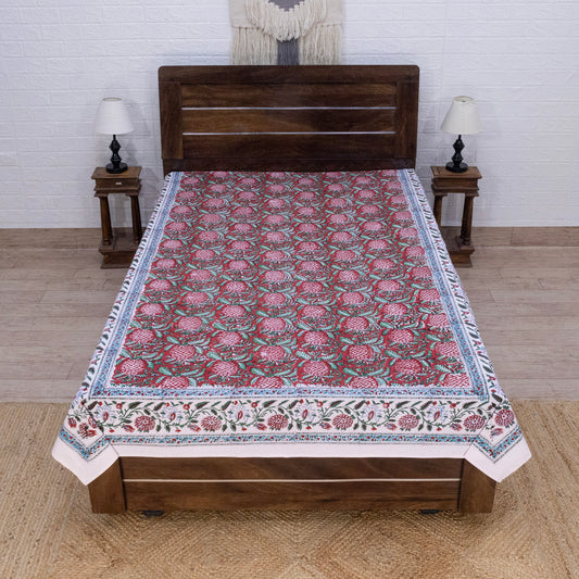 Indian Handmade Block Printed Red and Green Floral Pattern Cotton Bed sheet For living Room, Kids Room - My Store
