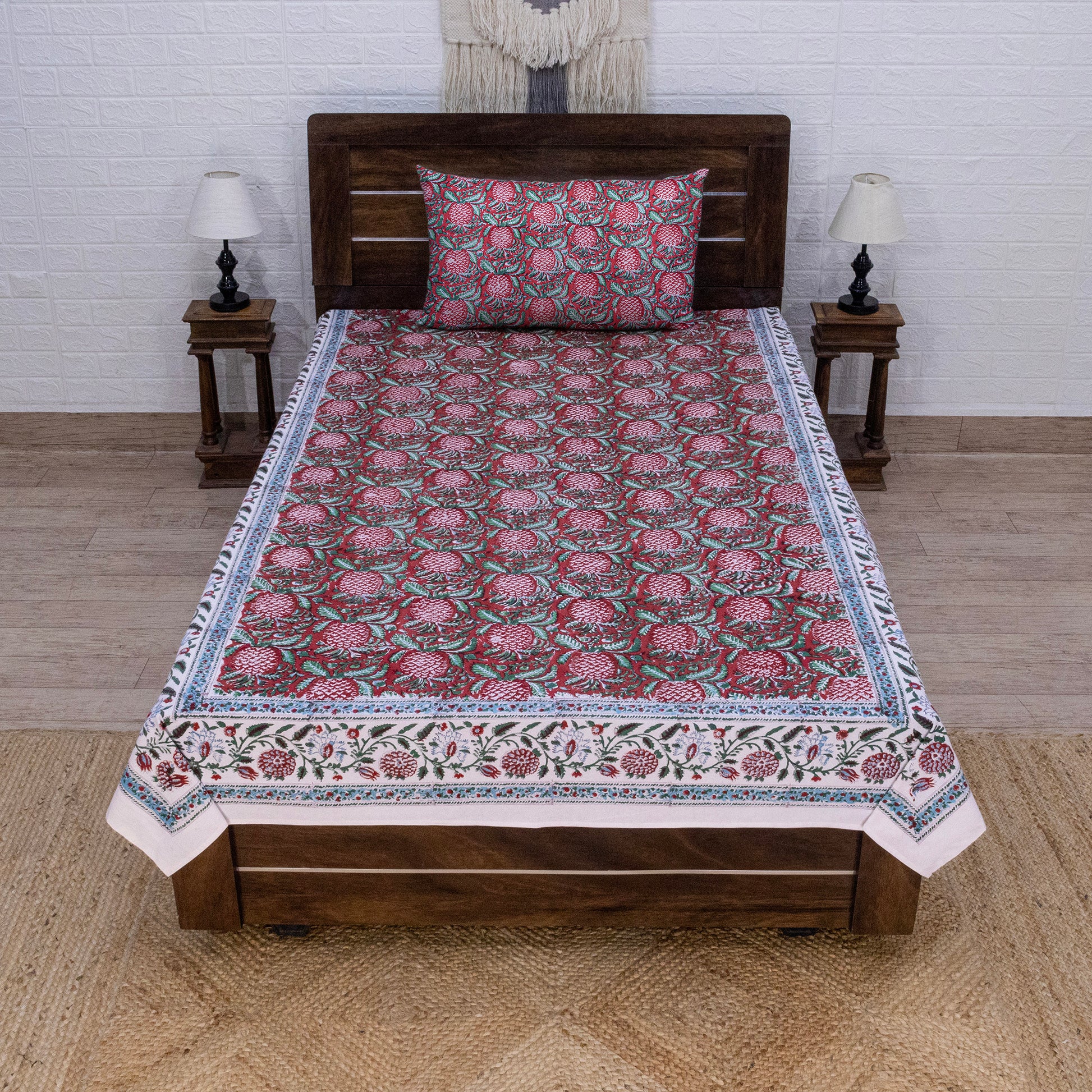Indian Handmade Block Printed Red and Green Floral Pattern Cotton Bed sheet For living Room, Kids Room - My Store