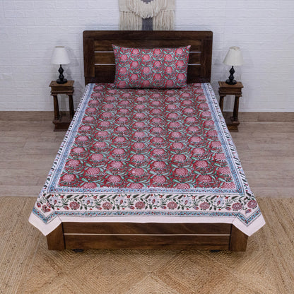 Indian Handmade Block Printed Red and Green Floral Pattern Cotton Bed sheet For living Room, Kids Room - My Store