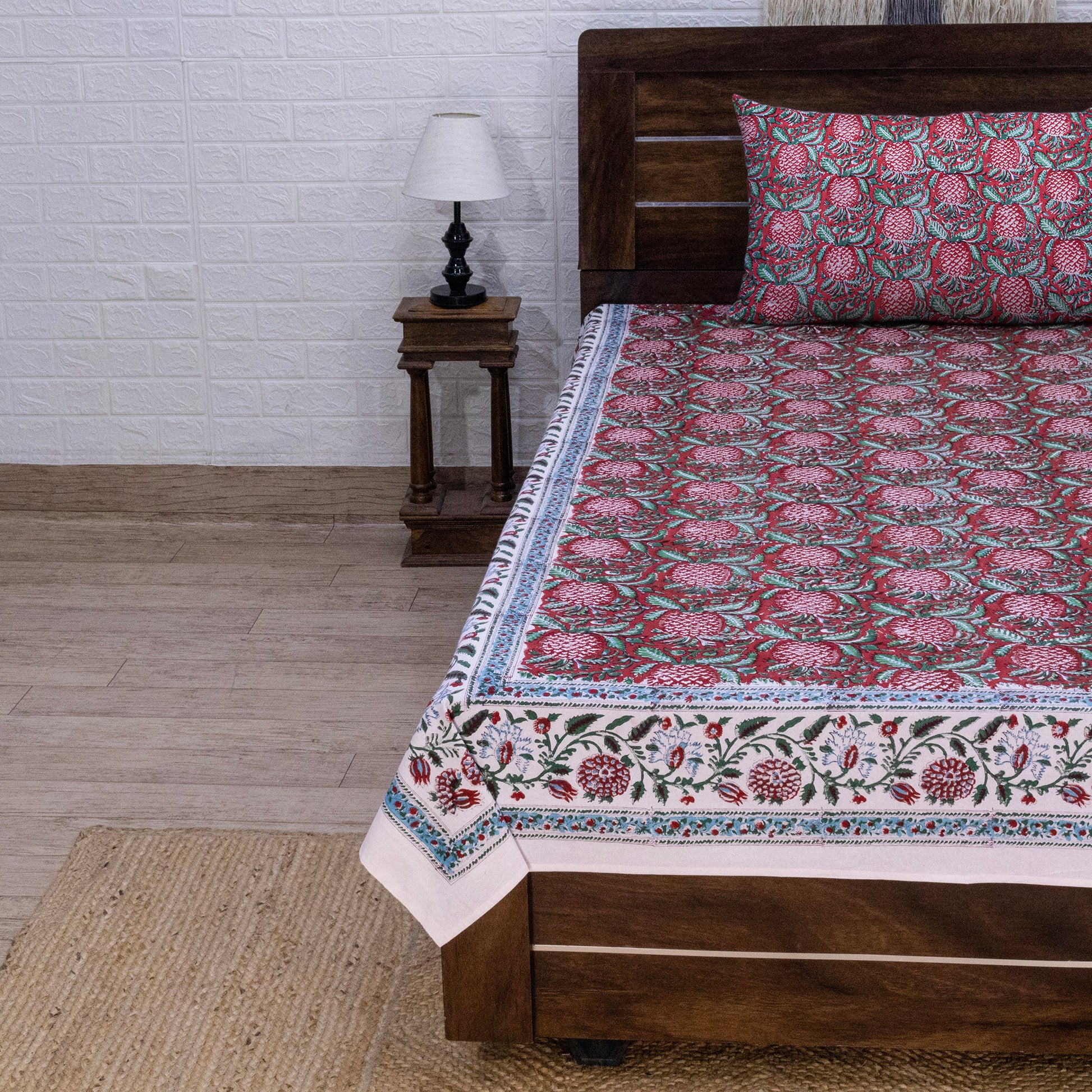 Indian Handmade Block Printed Red and Green Floral Pattern Cotton Bed sheet For living Room, Kids Room - My Store