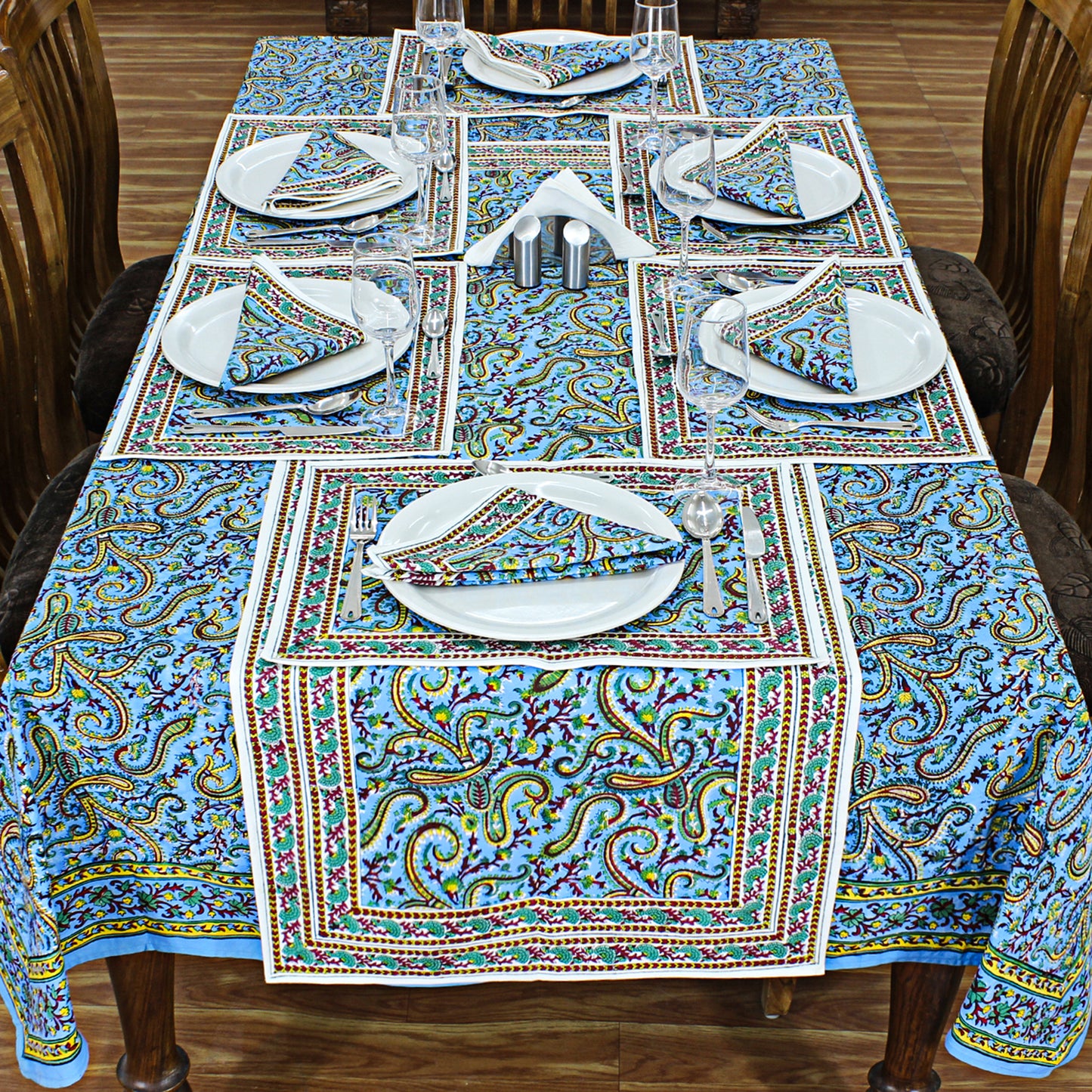 Cotton Blue and Yellow Handmade Block Printed Rectangle Dinning Tablecloth - My Store