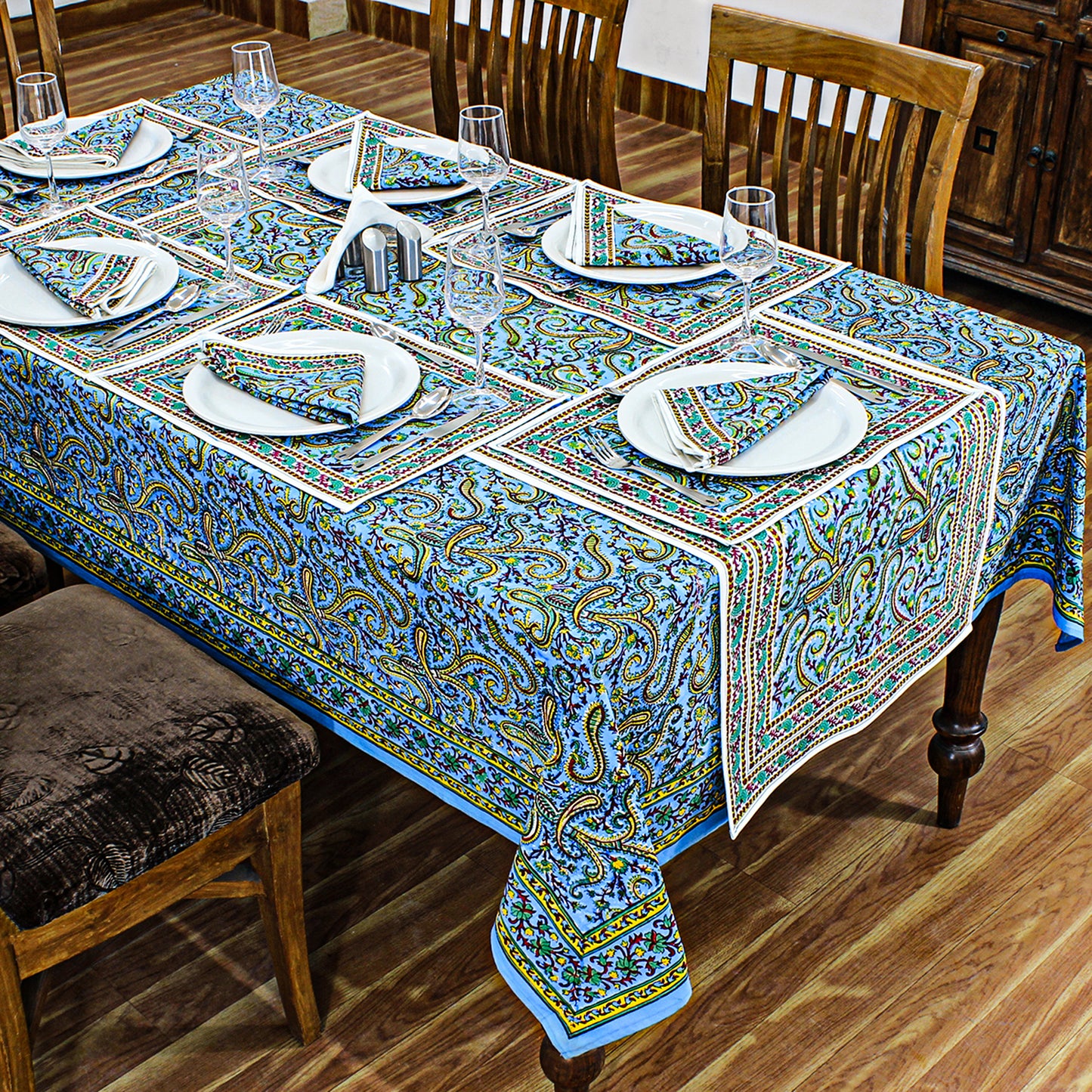 Cotton Blue and Yellow Handmade Block Printed Rectangle Dinning Tablecloth - My Store