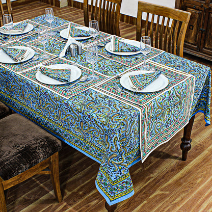 Cotton Blue and Yellow Handmade Block Printed Rectangle Dinning Tablecloth - My Store