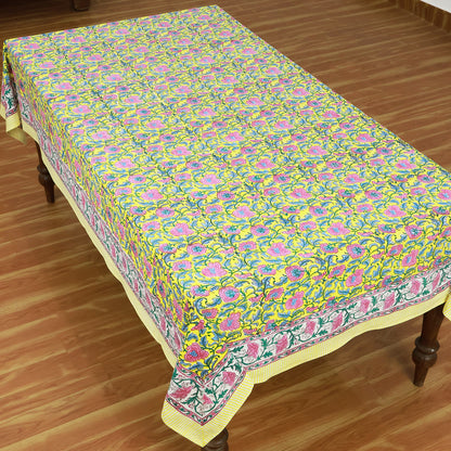 Cotton Indian Block Printed Yellow and Green Rectangle Tablecloth - My Store