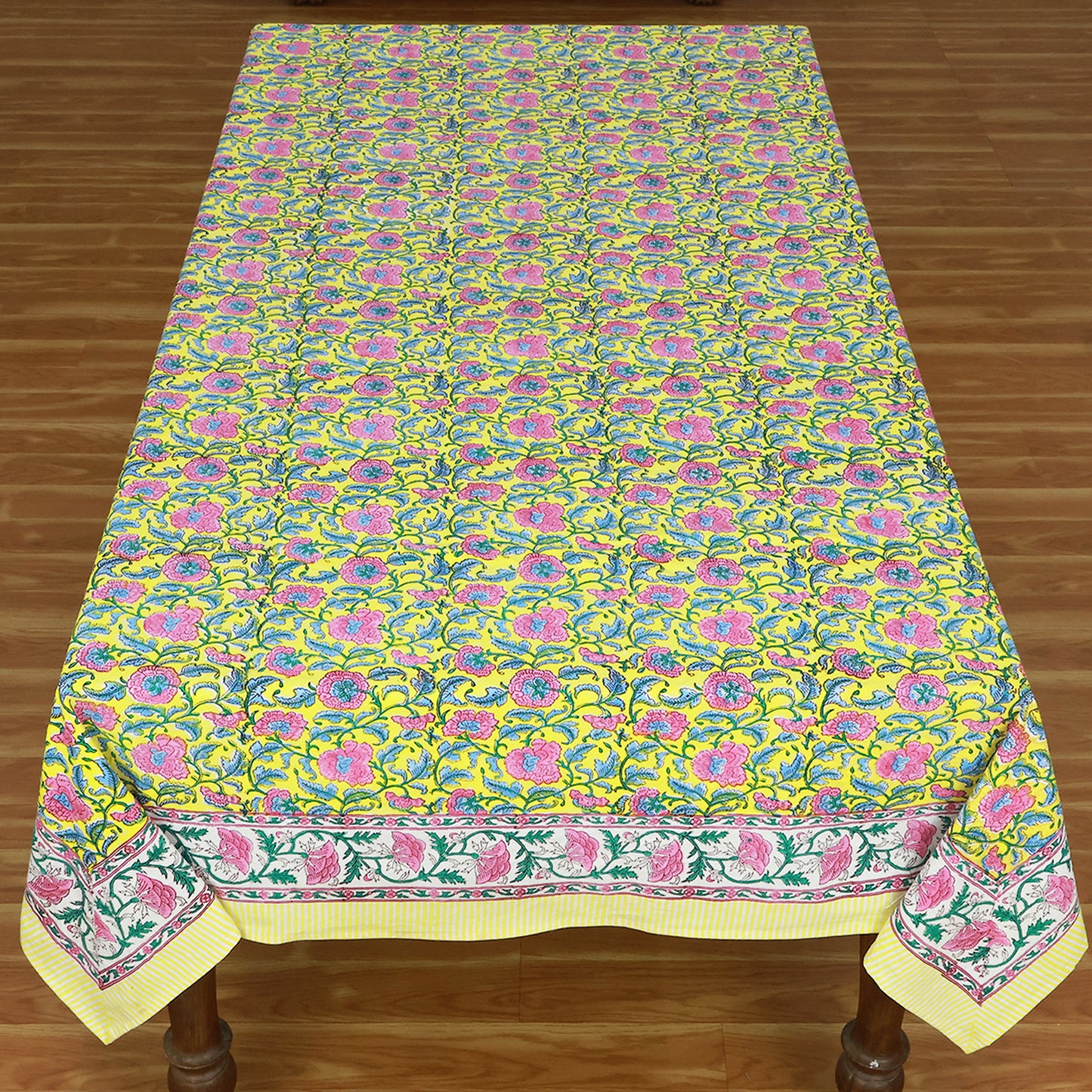Cotton Indian Block Printed Yellow and Green Rectangle Tablecloth - My Store