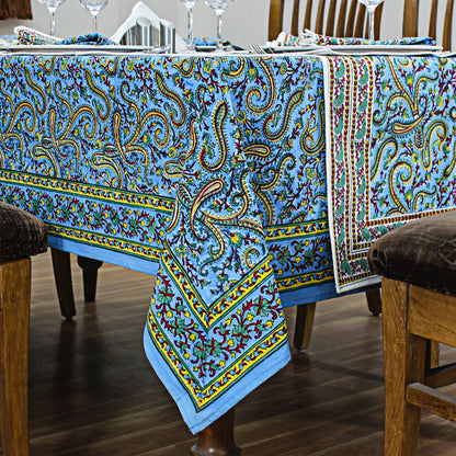 Cotton Blue and Yellow Handmade Block Printed Rectangle Dinning Tablecloth - My Store