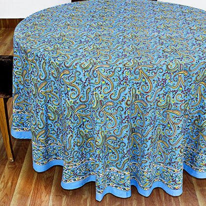 Blue Cotton Hand Block Printed Round Tablecloth - My Store
