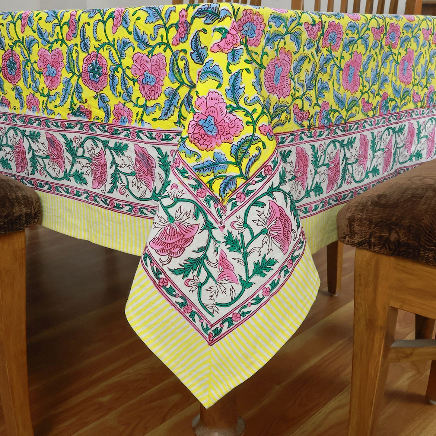 Cotton Indian Block Printed Yellow and Green Rectangle Tablecloth - My Store