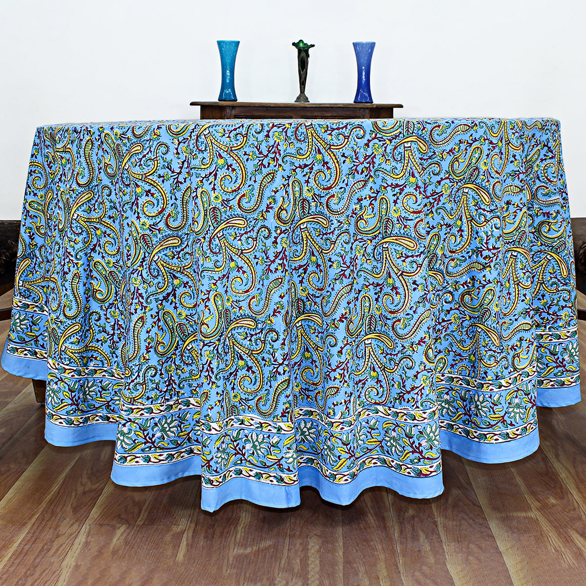 Blue Cotton Hand Block Printed Round Tablecloth - My Store