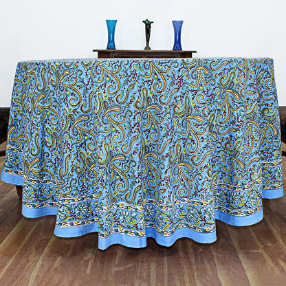 Blue Cotton Hand Block Printed Round Tablecloth - My Store