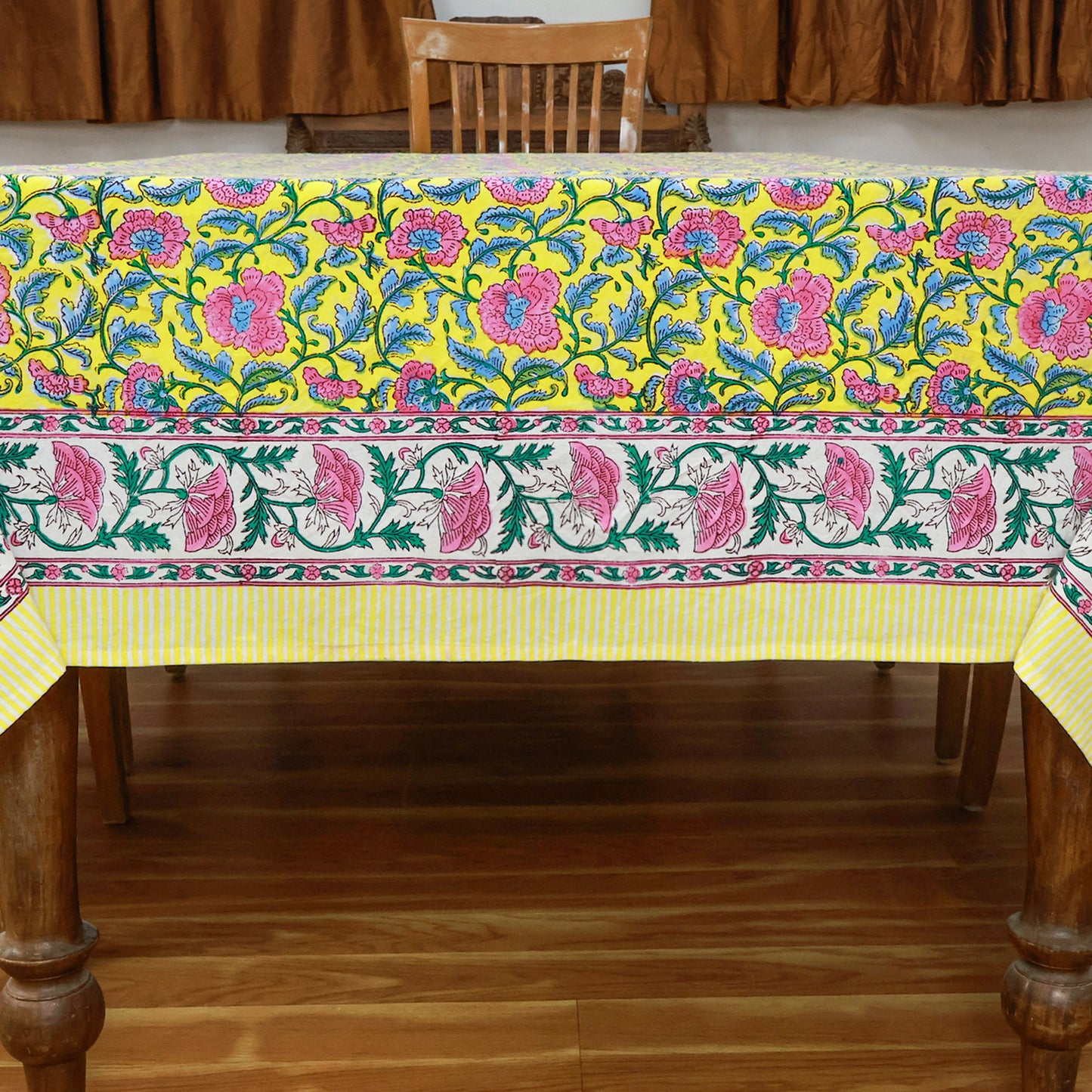 Cotton Indian Block Printed Yellow and Green Rectangle Tablecloth - My Store