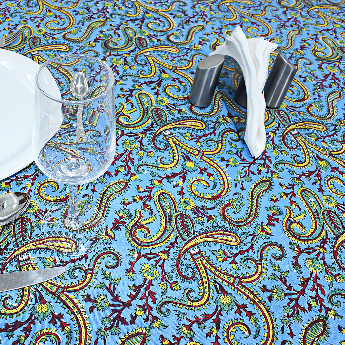 Blue Cotton Hand Block Printed Round Tablecloth - My Store