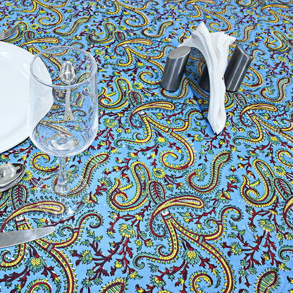 Blue Cotton Hand Block Printed Round Tablecloth - My Store