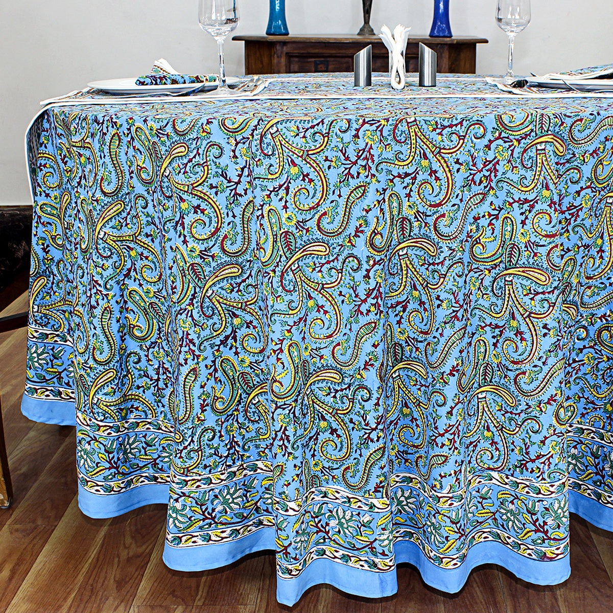 Blue Cotton Hand Block Printed Round Tablecloth - My Store