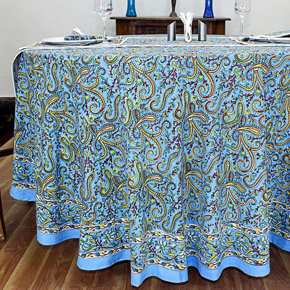 Blue Cotton Hand Block Printed Round Tablecloth - My Store