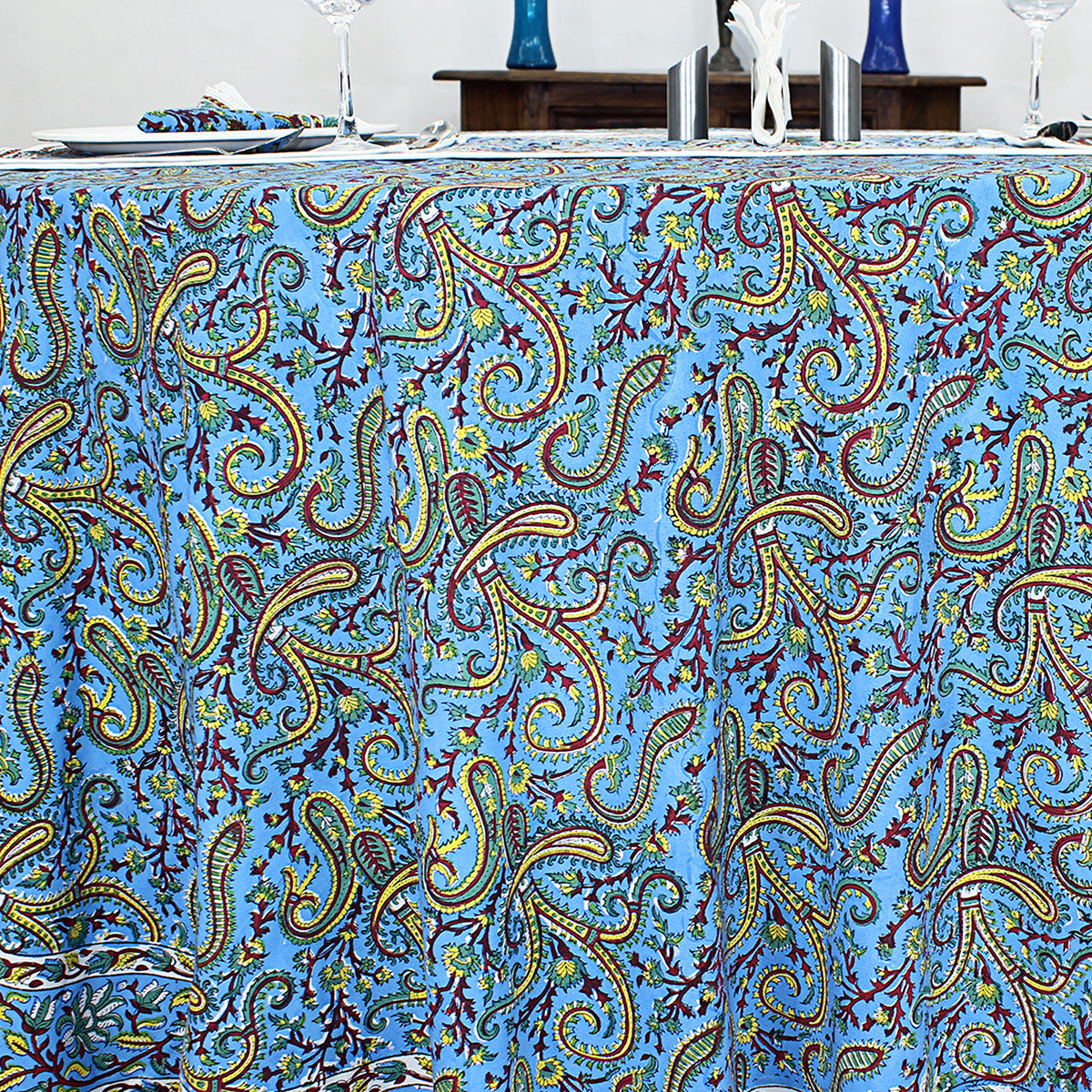 Blue Cotton Hand Block Printed Round Tablecloth - My Store