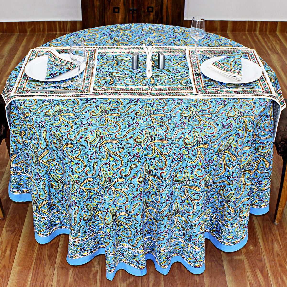 Blue Cotton Hand Block Printed Round Tablecloth - My Store