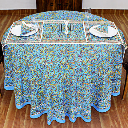 Blue Cotton Hand Block Printed Round Tablecloth - My Store