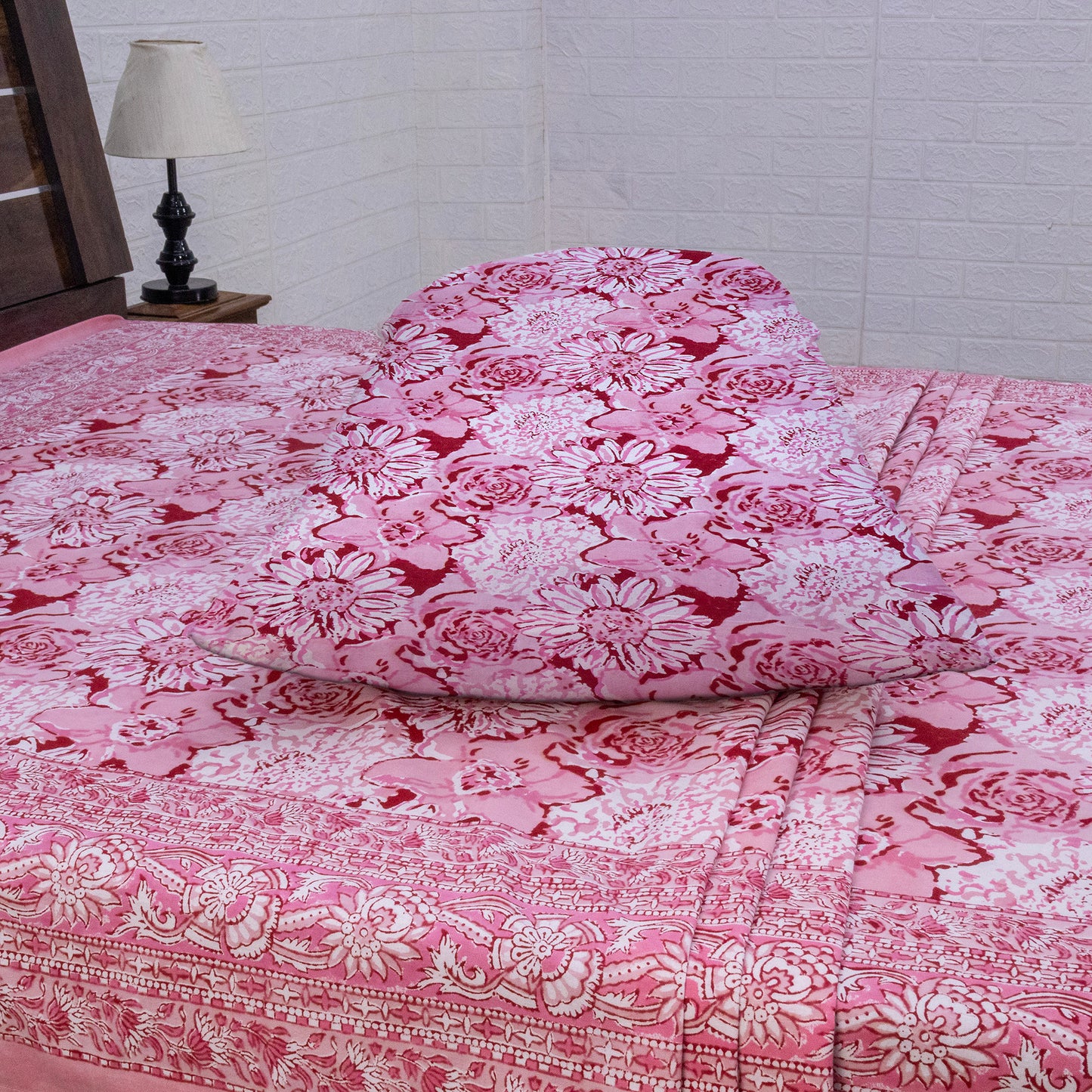 Indian Handmade Block Printed Pink and White Floral Pattern Cotton Bed sheet For living Room, Kids Room - My Store