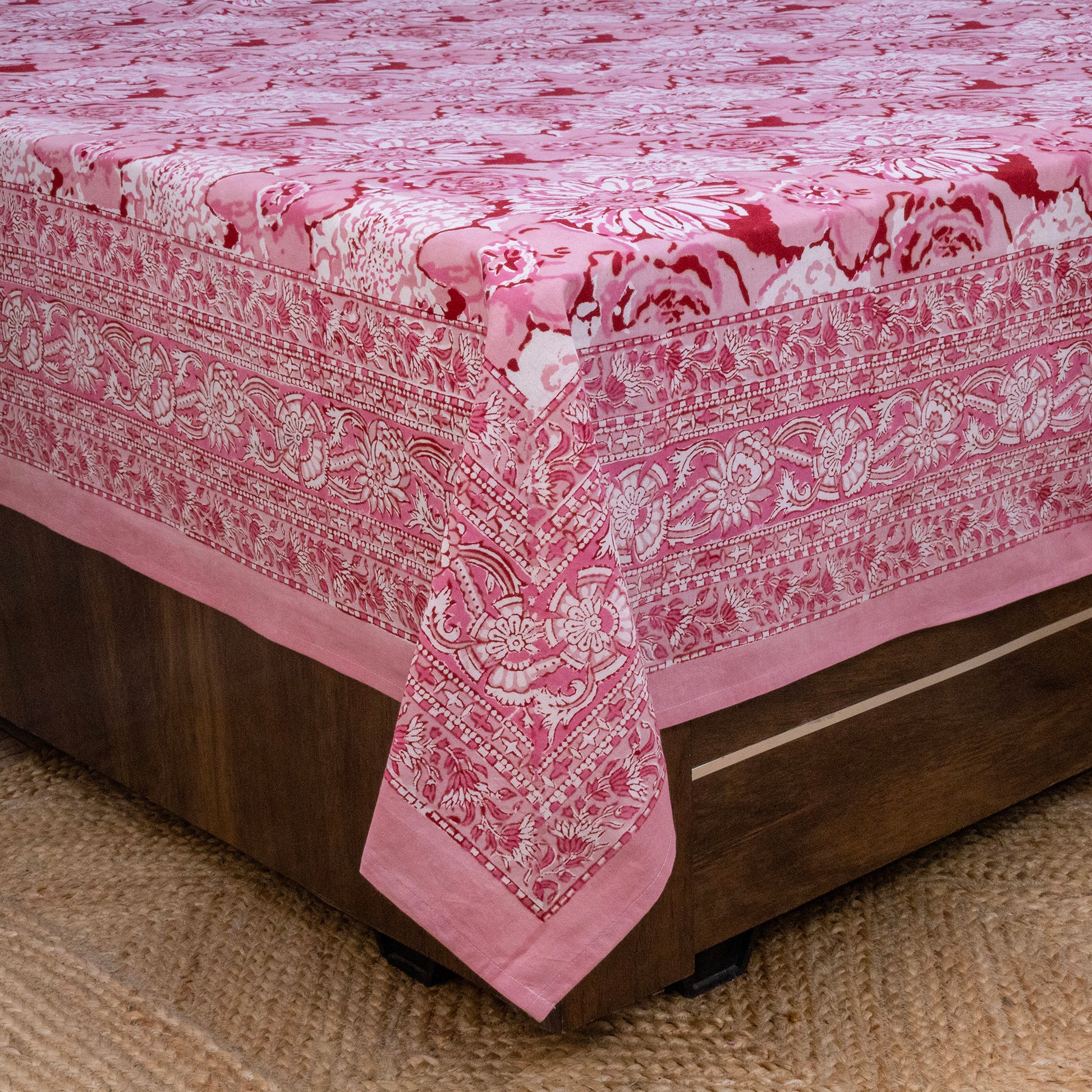 Indian Handmade Block Printed Pink and White Floral Pattern Cotton Bed sheet For living Room, Kids Room - My Store