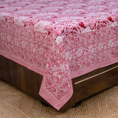 Indian Handmade Block Printed Pink and White Floral Pattern Cotton Bed sheet For living Room, Kids Room - My Store