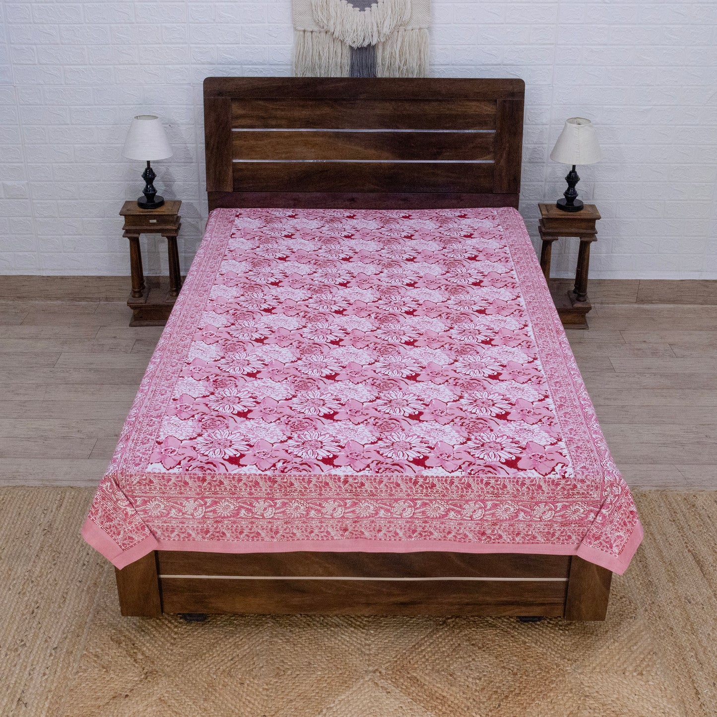 Indian Handmade Block Printed Pink and White Floral Pattern Cotton Bed sheet For living Room, Kids Room - My Store