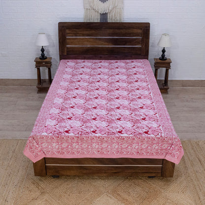 Indian Handmade Block Printed Pink and White Floral Pattern Cotton Bed sheet For living Room, Kids Room - My Store