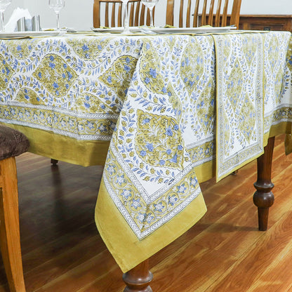 Olive Green Tablecloths, Cotton Table Cover, Wooden Block Prints, Dining Cloth - My Store