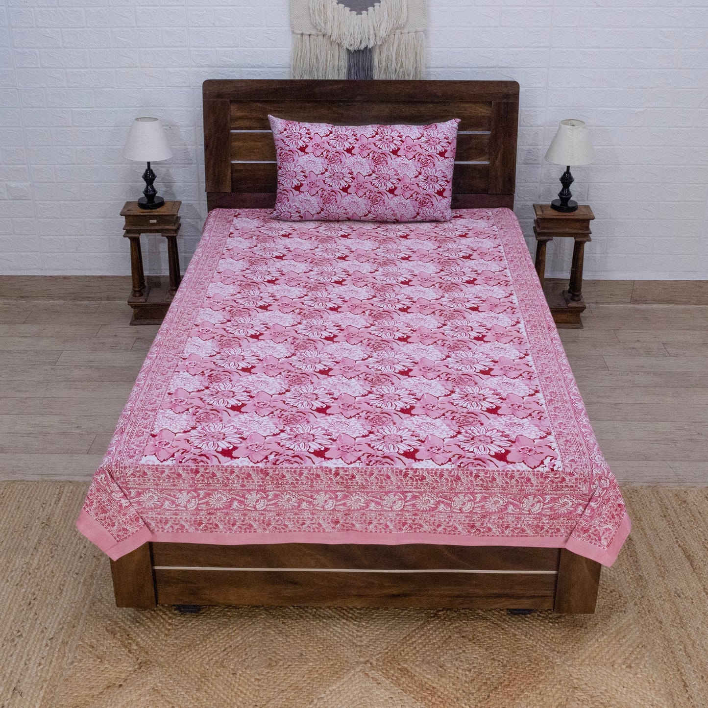 Indian Handmade Block Printed Pink and White Floral Pattern Cotton Bed sheet For living Room, Kids Room - My Store
