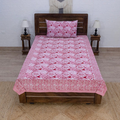 Indian Handmade Block Printed Pink and White Floral Pattern Cotton Bed sheet For living Room, Kids Room - My Store
