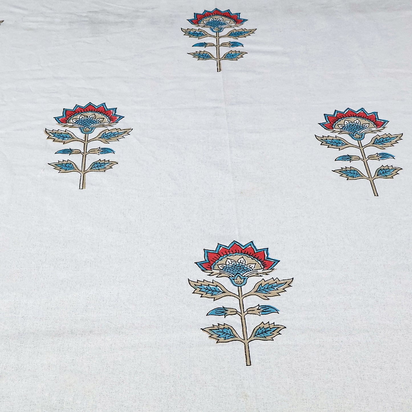 Classic White and Cyan Blue Hand Block Floral Tablecloth 100% Cotton - My Store