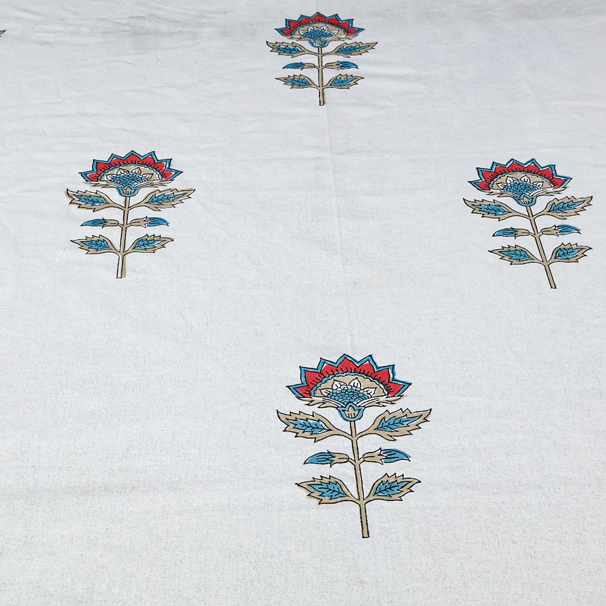 Classic White and Cyan Blue Hand Block Floral Tablecloth 100% Cotton - My Store